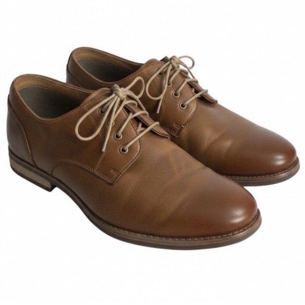 JF J. Ferrar Tan Brown Faux Leather Derby Dress Shoes Plain Toe Lace Up Clean